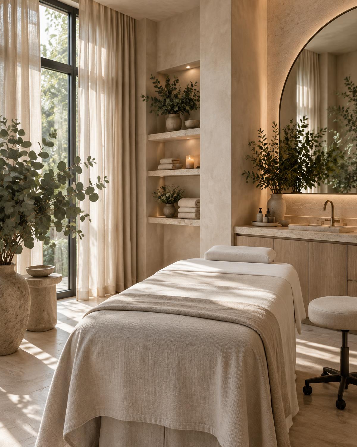 A warm treatment room with eucalyptus greenery and natural light